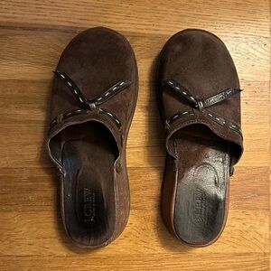 J. Crew Brown Suede Leather Wood Platform Vintage Bow Clogs Size 8